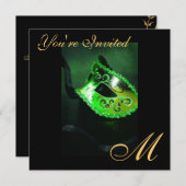 Fantasy Masquerade Mask Monogram Green Invitation Kaart (Voorkant / Achterkant)