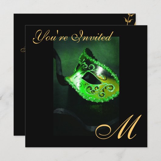 Fantasy Masquerade Mask Monogram Green Invitation Kaart (Voorkant / Achterkant)