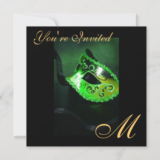 Fantasy Masquerade Mask Monogram Green Invitation Kaart (Voorkant)