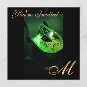 Fantasy Masquerade Mask Monogram Green Invitation Kaart