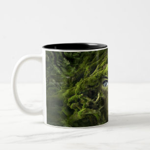 Fantasy Meisje Gezicht Lip Oog Groen Mos Hout Bos Tweekleurige Koffiemok