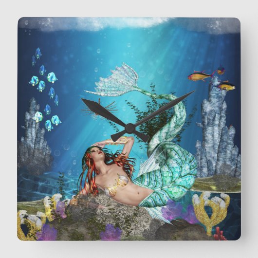Fantasy Mermaid and Fish Square Wall-klok Vierkante Klok (Voorkant)