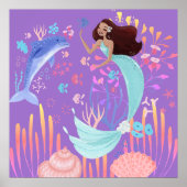 Fantasy Mermaid paars roze dolfijn oceaan 2 Poster (Voorkant)