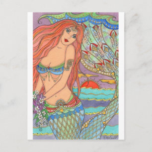 Fantasy Mermaid Princess Art Sunset Flowers Briefkaart