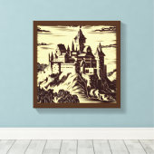 Fantasy Middeleeuws Kasteel - Houtsnede 2 Canvas Afdruk (Insitu (Houten vloer))