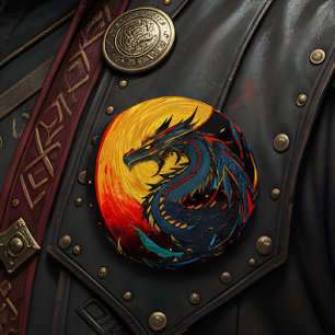 Fantasy Middernacht Draak Vuur Maan Ronde Pin Knop Button 6,0 Cm
