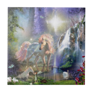 Fantasy Moeder Unicorn en Baby in een Fairy Garden Tegeltje