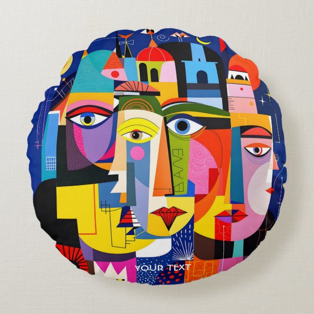 Fantasy Mooie Abstracte Gezichten Vormen Rond Kussen (Voorkant)