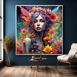Fantasy Mooie Kleurrijke Bloem Fairy Princess Canvas Afdruk
