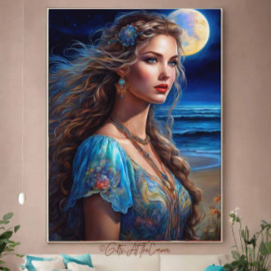 Fantasy Mooie Maiden Princess Fullmoon Beach Canvas Afdruk