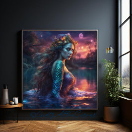 Fantasy Mooie prinses Siren Zeemeermin op een meer Canvas Afdruk