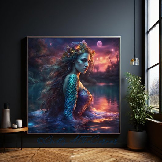 Fantasy Mooie prinses Siren Zeemeermin op een meer Canvas Afdruk