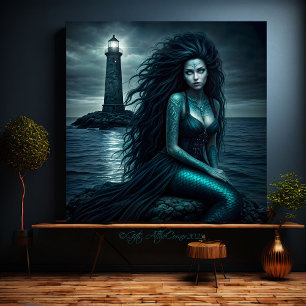 Fantasy Mooie Siren Gotische Zeemeermin Vuurtoren Canvas Afdruk