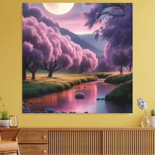 Fantasy Moonlit River Dreamscape Illustration Canvas Afdruk (Insitu (Woonkamer))