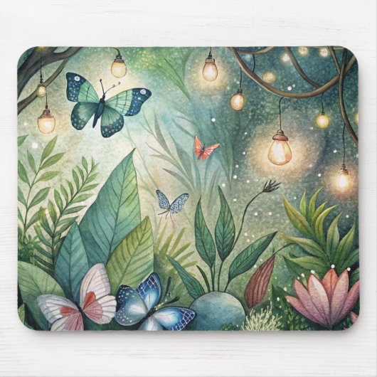 Fantasy Mousepad met bloemen en vlinders Muismat (Voorkant)