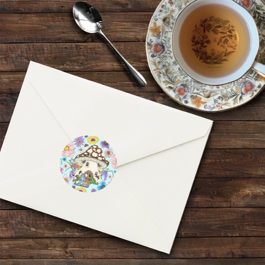 Fantasy Muis Paddenstoel Huis Bloemen Ronde Sticker