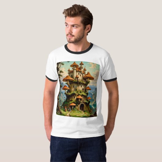 Fantasy Mushroom Castle op Cliffside T-Shirt (Voorkant volledig)