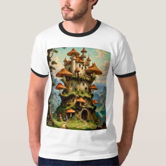 Fantasy Mushroom Castle op Cliffside T-Shirt (Voorkant)