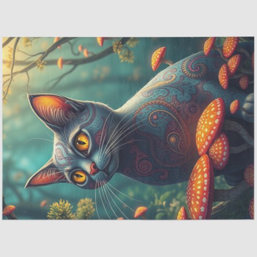 Fantasy Mushroom Forest Blue Cat Tissuepapier (Voorkant)