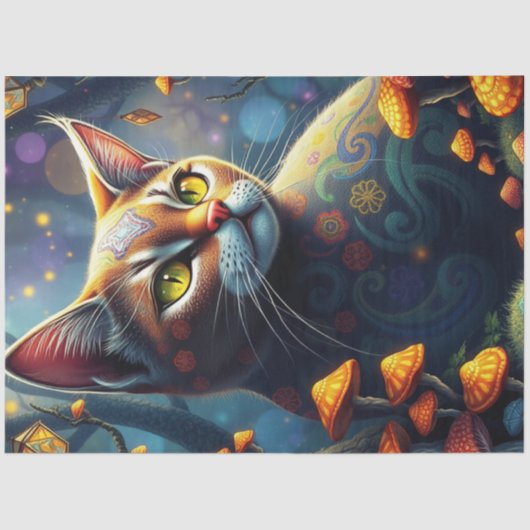 Fantasy Mushroom Forest Kleurrijke Kat Tissuepapier (Voorkant)