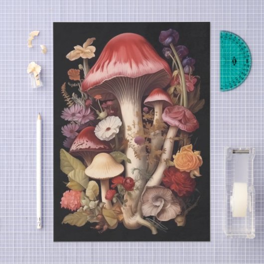 Fantasy Mushrooms and Flowers on Black Background Tissuepapier (Craft)