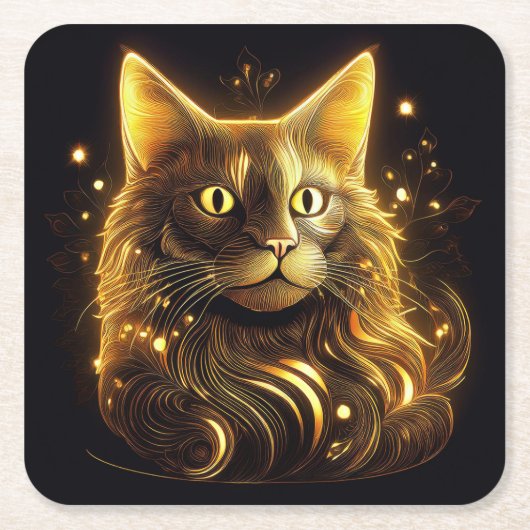 Fantasy Neon Gold Cat Kartonnen Onderzetters (Voorkant)