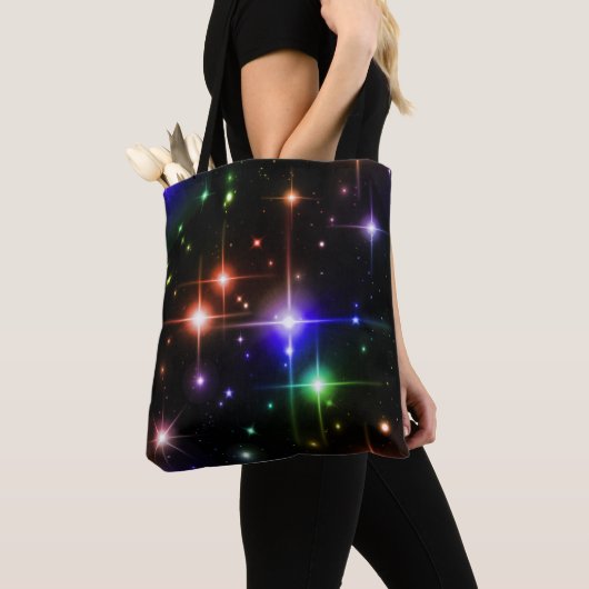 Fantasy Night Sky Kleurrijke Sparkle Stars Zwart Tote Bag (Dichtbij)