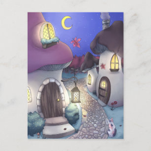 Fantasy Nighttime Mushroom Village Illustration Briefkaart