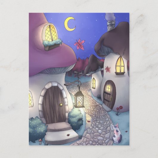 Fantasy Nighttime Mushroom Village Illustration Briefkaart (Voorkant)