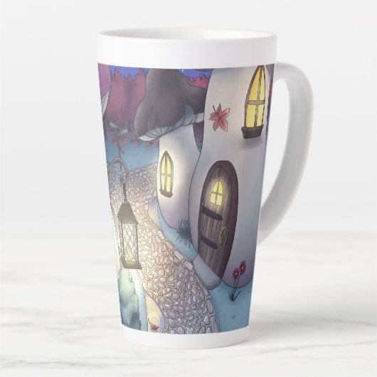 Fantasy Nighttime Mushroom Village Illustration Latte Mok (Rechterhoek)