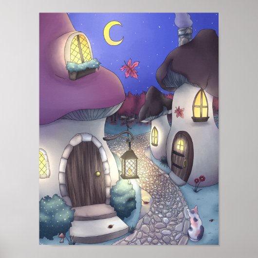 Fantasy Nighttime Mushroom Village Illustration Poster (Voorkant)