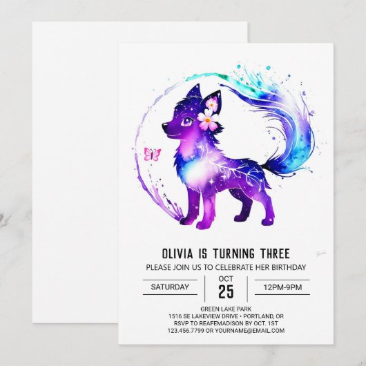 Fantasy Paarse Wolf Digitaal Meisje Verjaardag Kaart (Voorkant / Achterkant)