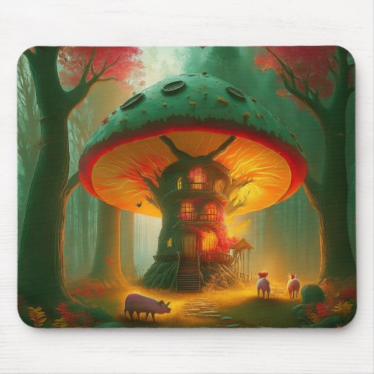Fantasy Paddenstoel Boomhut Met Varkens Muismat (Voorkant)