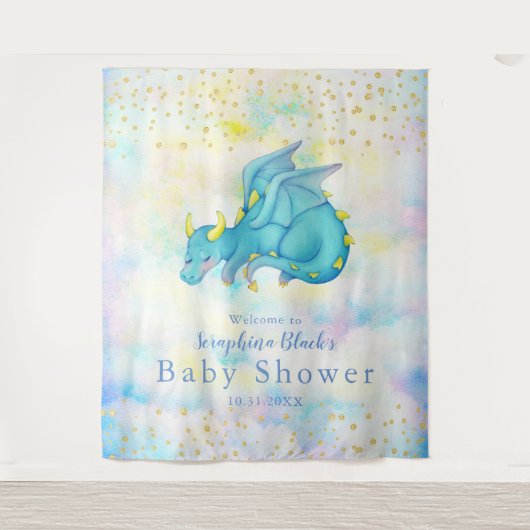 Fantasy Pastel Blue Dragon Baby shower Backdrop Wandkleed (Voorkant)