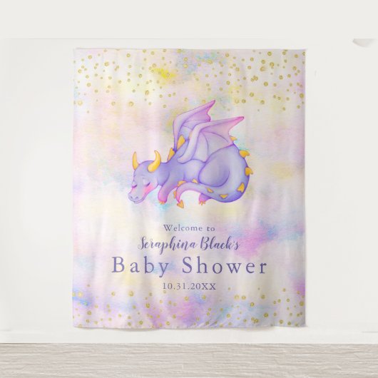 Fantasy Pastel Paars Dragon Baby shower Achtergron Wandkleed (Voorkant)
