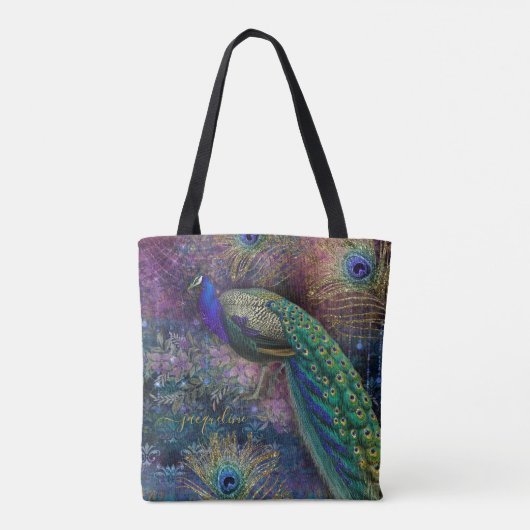Fantasy Peacock Gold Glitter Feathers Script Name Tote Bag (Achterkant)