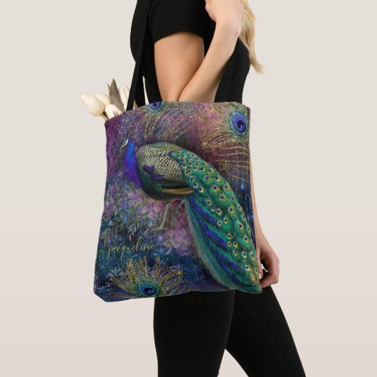 Fantasy Peacock Gold Glitter Feathers Script Name Tote Bag (Dichtbij)