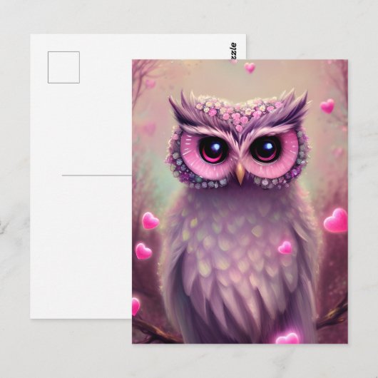 Fantasy Pink Fluffy Kawaii Owl Briefkaart (Voorkant / Achterkant)