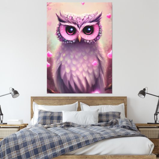 Fantasy Pink Fluffy Kawaii Owl Canvas Afdruk (Insitu (Slaapkamer))