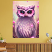 Fantasy Pink Fluffy Kawaii Owl Canvas Afdruk (Insitu (Woonkamer))