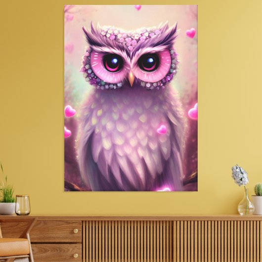 Fantasy Pink Fluffy Kawaii Owl Canvas Afdruk (Insitu (Woonkamer))