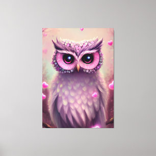 Fantasy Pink Fluffy Kawaii Owl Canvas Afdruk