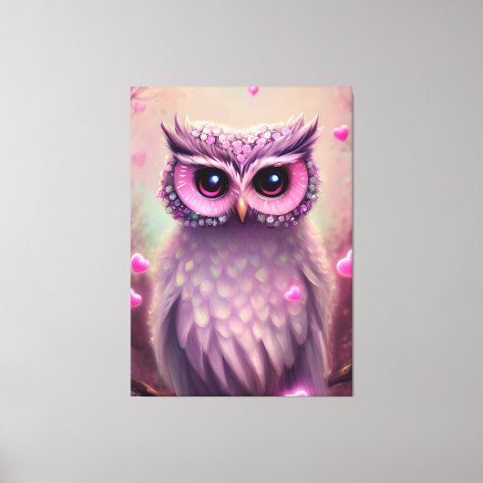Fantasy Pink Fluffy Kawaii Owl Canvas Afdruk (Voorkant)