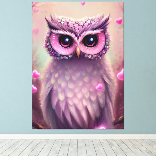 Fantasy Pink Fluffy Kawaii Owl Canvas Afdruk (Insitu (Houten vloer))
