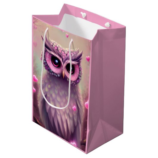 Fantasy Pink Fluffy Kawaii Owl Medium Cadeauzakje (Voorkant Gekanteld)