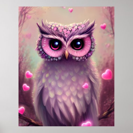 Fantasy Pink Fluffy Kawaii Owl Poster (Voorkant)