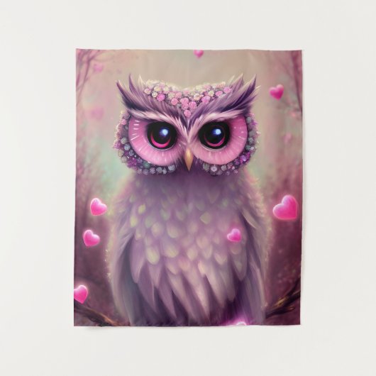 Fantasy Pink Fluffy Kawaii Owl Wandkleed (Voorkant)