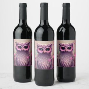 Fantasy Pink Fluffy Kawaii Owl Wijn Etiket