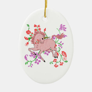 Fantasy Pink Unicorn Horse in Flowers Keramisch Ornament