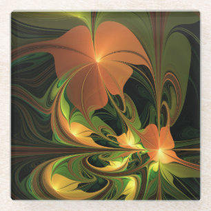 Fantasy Plant Abstract Groen Roest Bruin Fractal Glazen Onderzetter